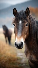 Obraz premium Horse grazing in a misty field with a blurred companion in the background during early morning light