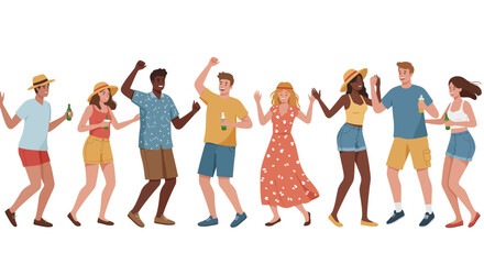 Obraz premium A diverse group of joyful friends dancing and celebrating together at a casual summer party.