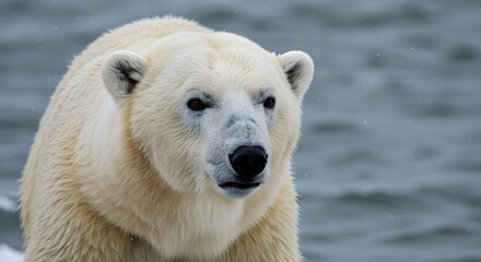 Fototapeta premium A close up of a polar bear with a black nose and dark eyes against a blurred gray background of water