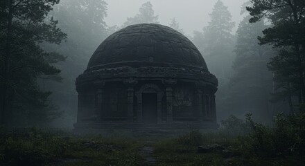 Fototapeta premium Mysterious Ancient Stone Dome amidst Foggy Forest Landscape with Eerie Ambience