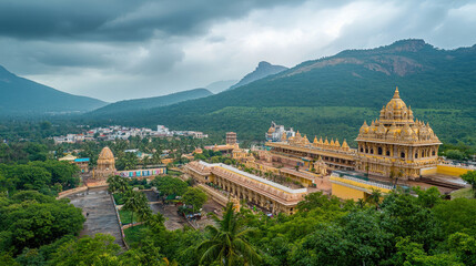 A panoramic shot of the lush hills surrounding Tirupati temple complex