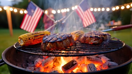 Delicious steaks and corn on the cob grilling outdoors with american flags and string lights