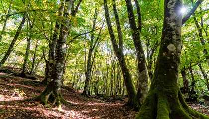 Obraz premium Sunlight streams through autumn forest (1)