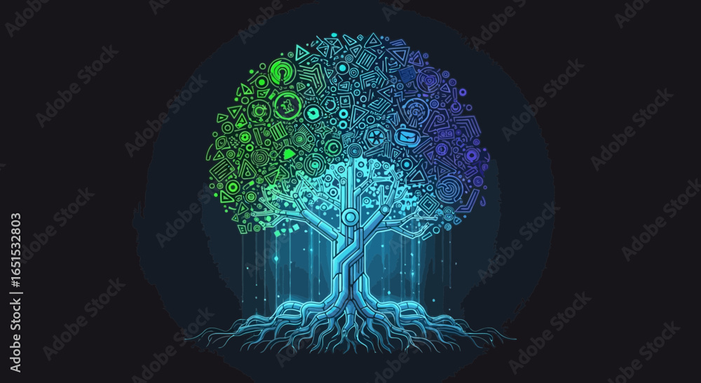 Poster abstract tree of knowledge composed of geometric shapes technology
