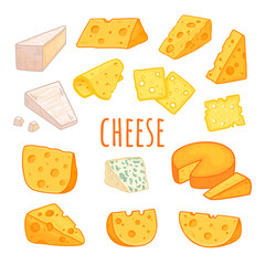 Cheese in flat style, food illustration. Slice of cheese isolated on white. Different types of cheese.