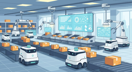 Automated Warehouse Robots System Working on Conveyor Belts