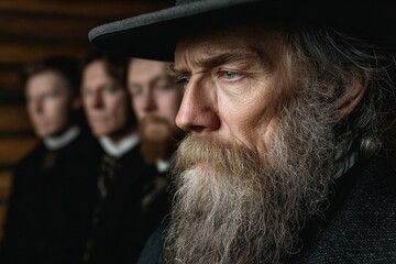 Pioneer Mormon portrait: weathered face, sacred mission, humble garment, strong posture, mountain trail, enduring faith, western path, determined look, plain dress, devoted heart