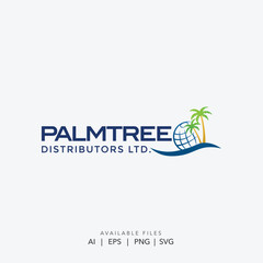 Global logistics and distribution company logo with palm tree and globe, Tropical travel agency or resort branding with palm trees and a world globe, Modern vector illustration of a palm tree 