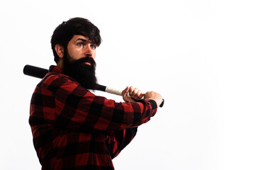 Bearded man in plaid shirt with baseball bat. Handsome male in checkered shirt with baseball bat. Sport equipment. Baseball player ready for training. Healthy lifestyle. Copy space for advertising.