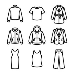 Collection of Minimalist Line Art Clothing Icons Sweater T Shirt Blazer Jacket Hoodie Dress Tank Top and Pants Vector Set