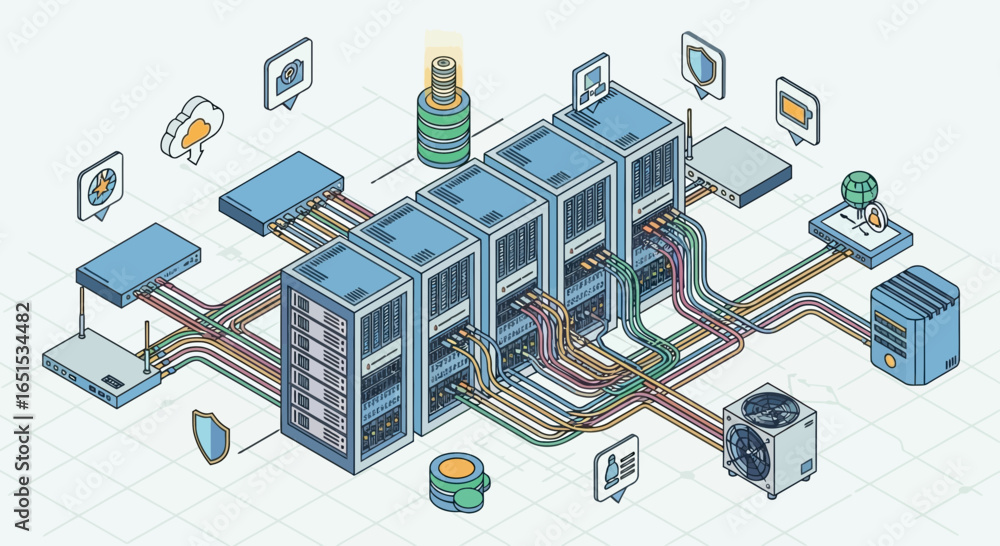 Poster isometric illustration of network infrastructure and data communication elements