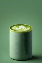 Green ceramic cup filled with matcha latte, featuring intricate leaf latte art, placed on a smooth green background, showcasing modern beverage presentation and aesthetic appeal