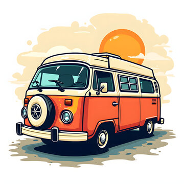 Orange vintage camper van at sunset vector illustration.