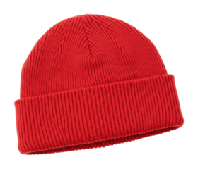 Fashion accessory red knit beanie urban setting product casual environment winter style isolated on transparent background