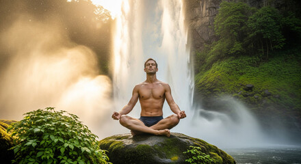 Obraz premium man is meditating on a large, moss-covered rock beneath a magnificent waterfall. He is wearing only shorts and is seated in a lotus position