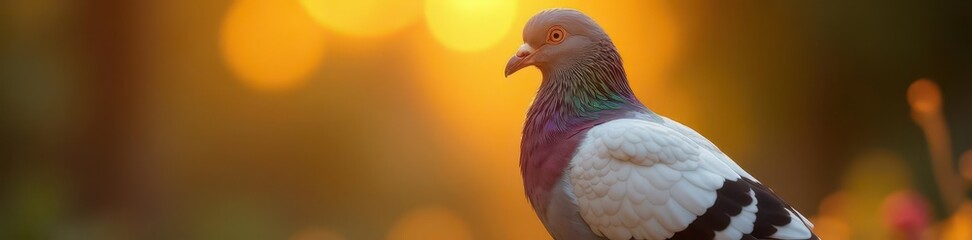 Fototapeta premium Golden light bathes plump pigeon, head cocked , wing, image