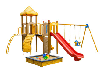 Children playing on colorful playground equipment in a park outdoor fun vibrant environment wide-angle isolated on transparent background