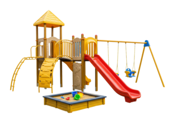 Children playing on colorful playground equipment in a park outdoor fun vibrant environment wide-angle isolated on transparent background