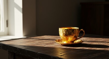 Fototapeta premium Golden Elegance: Ornate Teacup Bathed in Morning Sunlight on Rustic Wooden Table