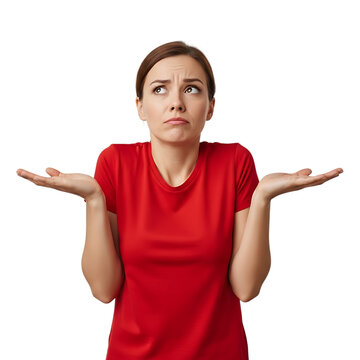 Woman shrugging with confused expression against white background