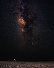A lonely lifeguard tower under the vast Milky Way sky. The sandy beach and cosmic panorama...