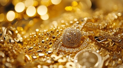 A stunning pile of shimmering gold jewelry representing luxury, wealth, and precious accessories