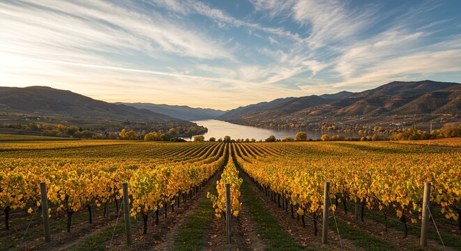 Aerial view of vineyard rows leading to river valley under a partly cloudy sky at golden hour light