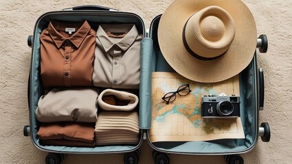 Flat lay of an open packed suitcase on a light carpet, neatly arranged items including hat, map, camera, sunglasses, and minimalist clothing, stylish Pinterest-inspired travel scene, top-down view