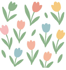Colorful tulip illustrations arranged in a circular pattern on a white background.