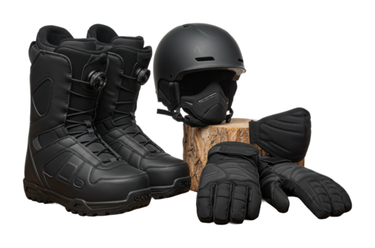 Snowboarding gear set winter sports equipment outdoor adventure snowy environment product display isolated on transparent background