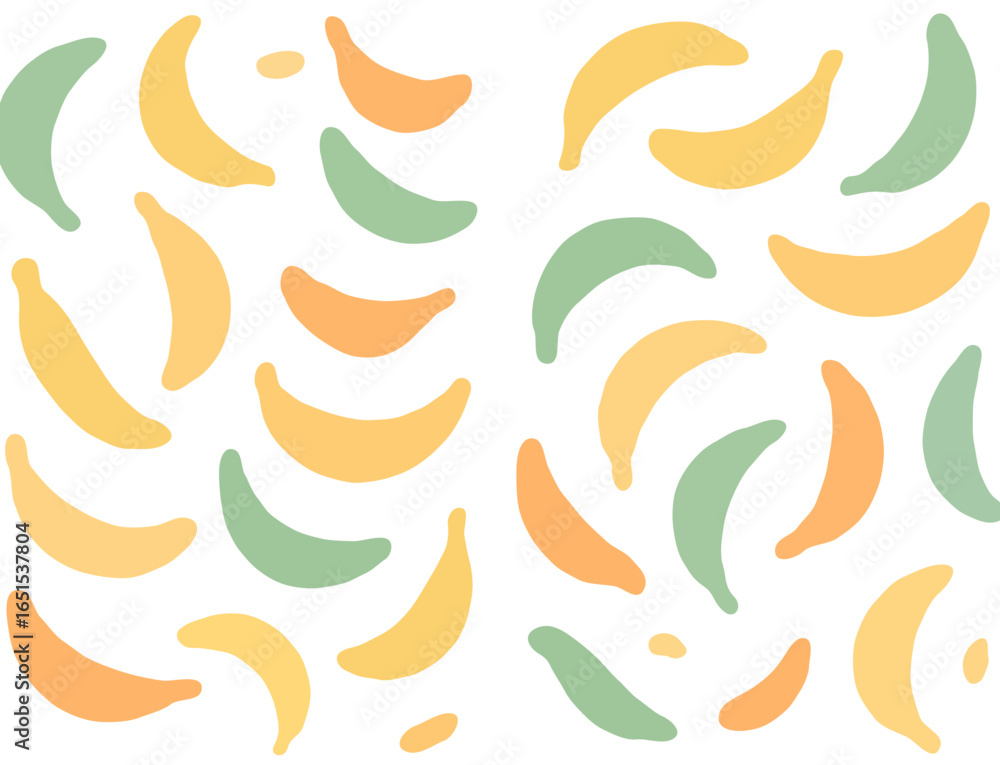 Poster colorful banana shapes arranged against a clean white background, creating a playful pattern.
