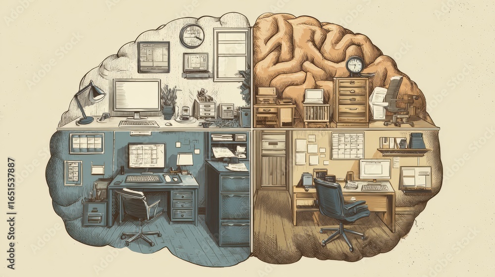 Poster different office styles representing creativity and organization in a workspace divided by cognitive