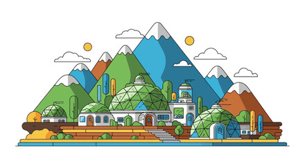 Naklejka premium Futuristic Sustainable Cityscape With Geometric Buildings And Mountain Scenery