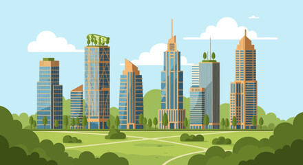 Modern Cityscape With Skyscrapers And Green Park Illustration
