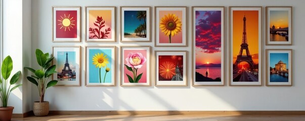 Colorful framed artwork, various sizes and styles, artwork, aesthetic
