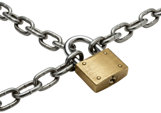 Securing safety with a locked padlock on chains studio setting high-quality minimalist environment isolated on transparent background