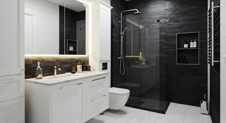 A modern bathroom with white cabinets, a toilet, and a glass enclosed shower with black tile walls