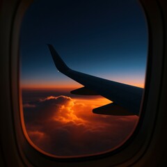 Fototapeta premium Sunset view from airplane window with vibrant clouds and wing silhouette