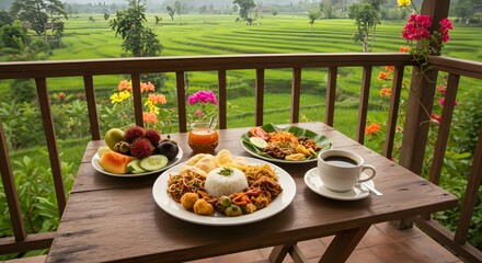 "자연 속 발리 아침식사 장면"