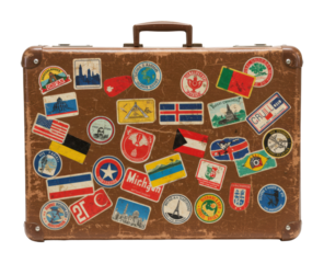 Travel adventure luggage with stickers vintage suitcase home indoor journey memories isolated on transparent background
