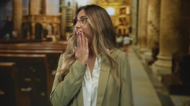 Woman with glasses and long hair finger to lips for silence in historic cathedral; awe reverence contemplation wonder.
