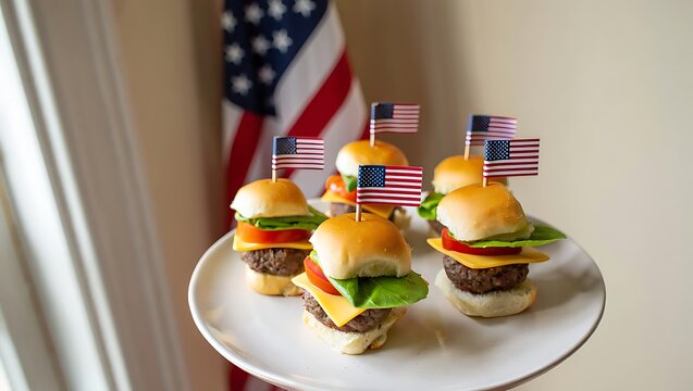 Delicious mini burgers topped with american flags for a patriotic celebration