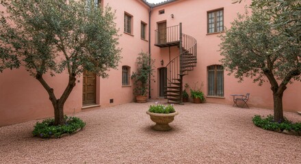 Obraz premium Charming Mediterranean Courtyard with Spiral Staircase and Tranquil Olive Trees