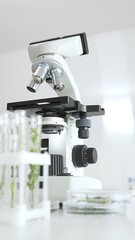 Close up of microscope and test tubes ready to be using in laboratory. Medicine, health care and...