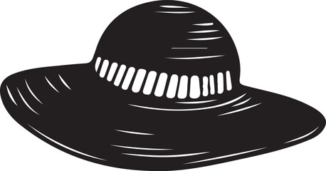 Black and white illustration of a wide-brimmed hat with a decorative band