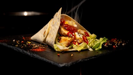 Delicious chicken wrap with lettuce and sauce on a dark background