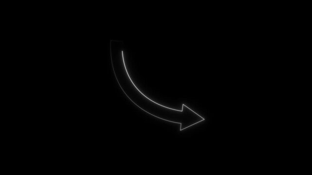 Neon  arrow pointing down and to the  on black background abstract digital graphic..