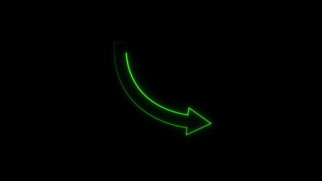 Neon  arrow pointing down and to the  on black background abstract digital graphic..