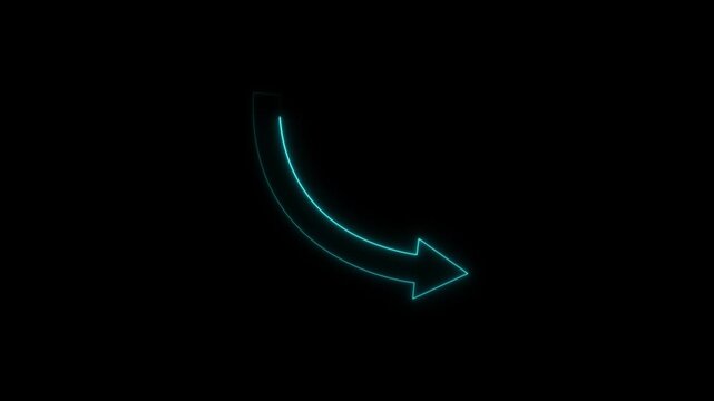 Neon  arrow pointing down and to the  on black background abstract digital graphic..