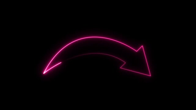 Neon  arrow pointing down and to the  on black background abstract digital graphic..